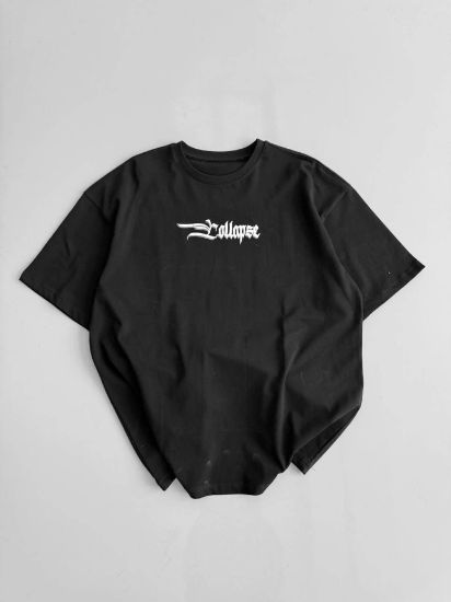 Baskılı Oversize Bisiklet Yaka T-shirt - Siyah resmi